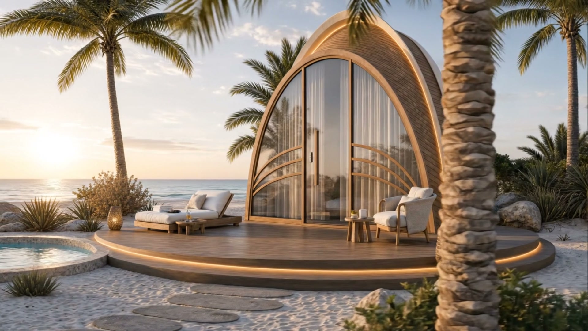 Mawj luxury eco-capsule on the beach in Umluj at sunset