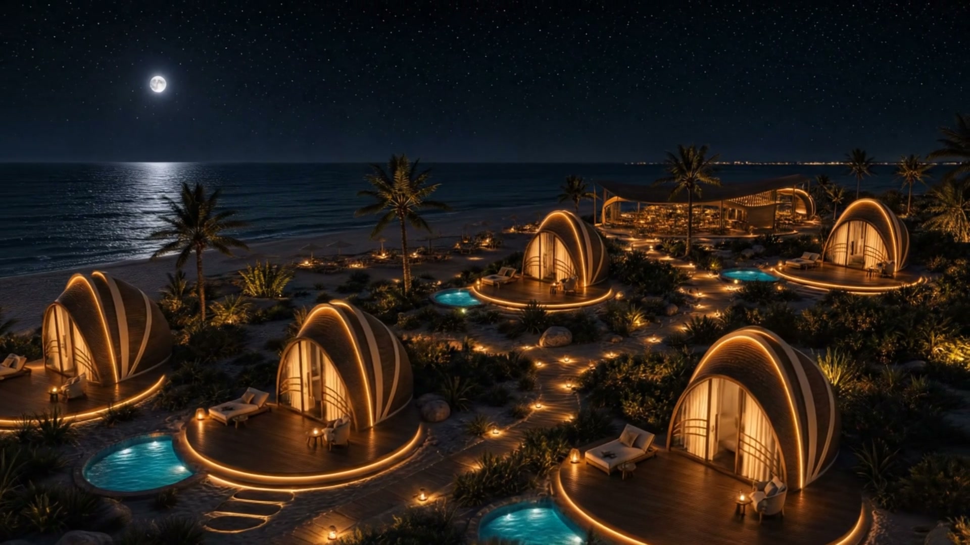 Mawj capsules at night under moonlight on the coast