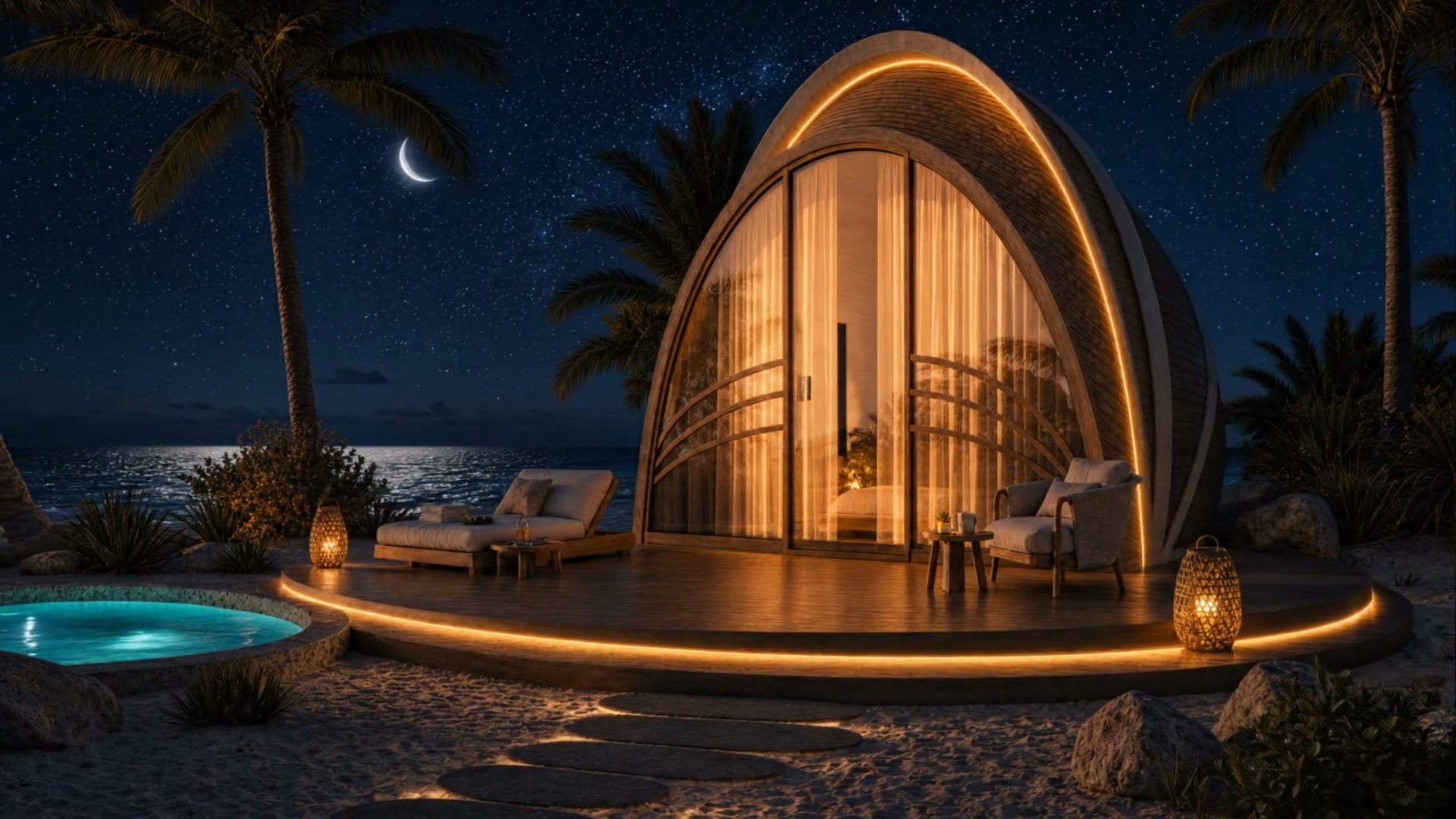 Mawj capsule at night with star field, deck lighting, and plunge pool
